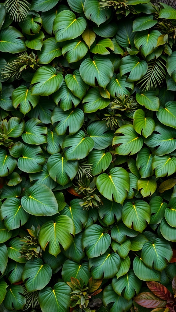 A close-up of lush green tropical leaves with various shapes and textures.