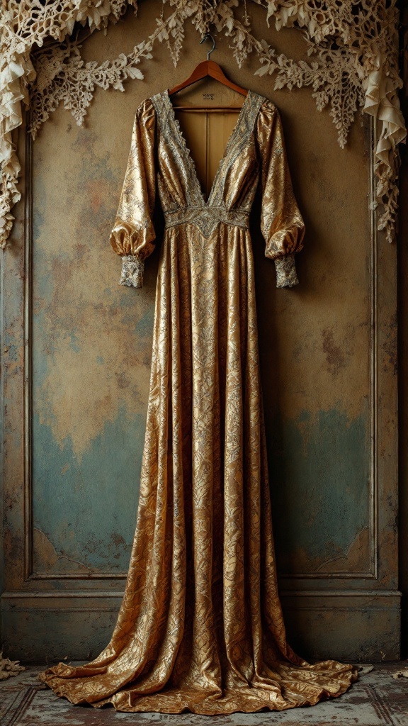 Luxurious brocade maxi dress hanging on a wooden hanger against a textured wall.