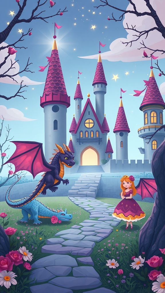 A magical fairy tale scene featuring a castle, dragons, and a princess.