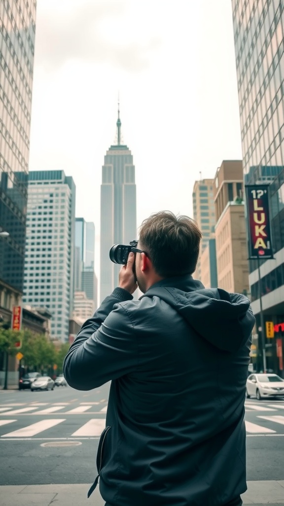 A person photographing the Empire State Building from a street between tall buildings.