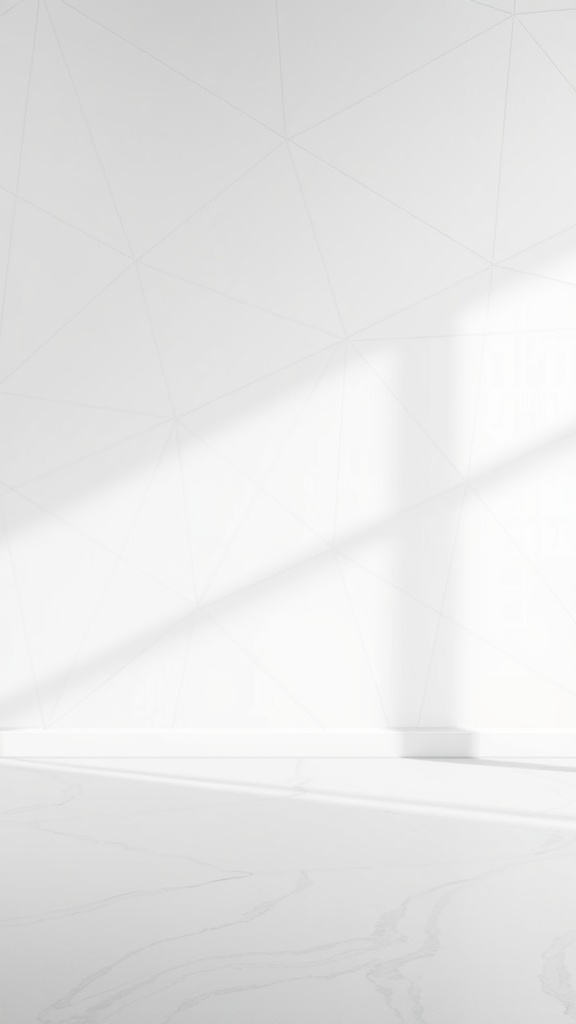 A minimalist white wall with geometric patterns and soft shadows.