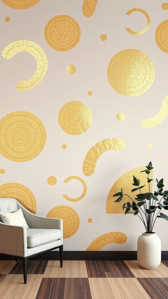 Modern abstract wallpaper with gold patterns featuring circles and curves.