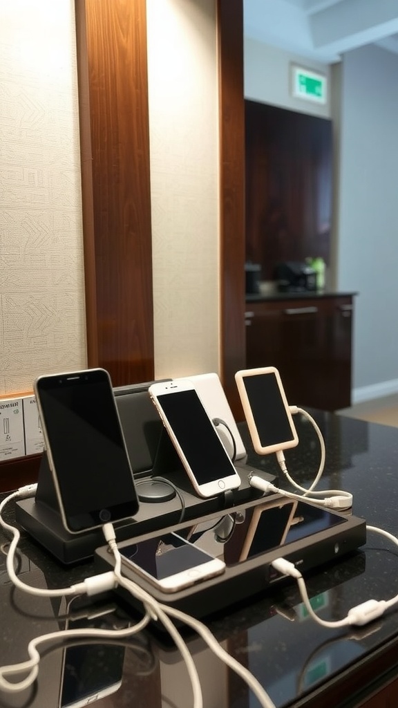 A multi-device charging station with several smartphones plugged in