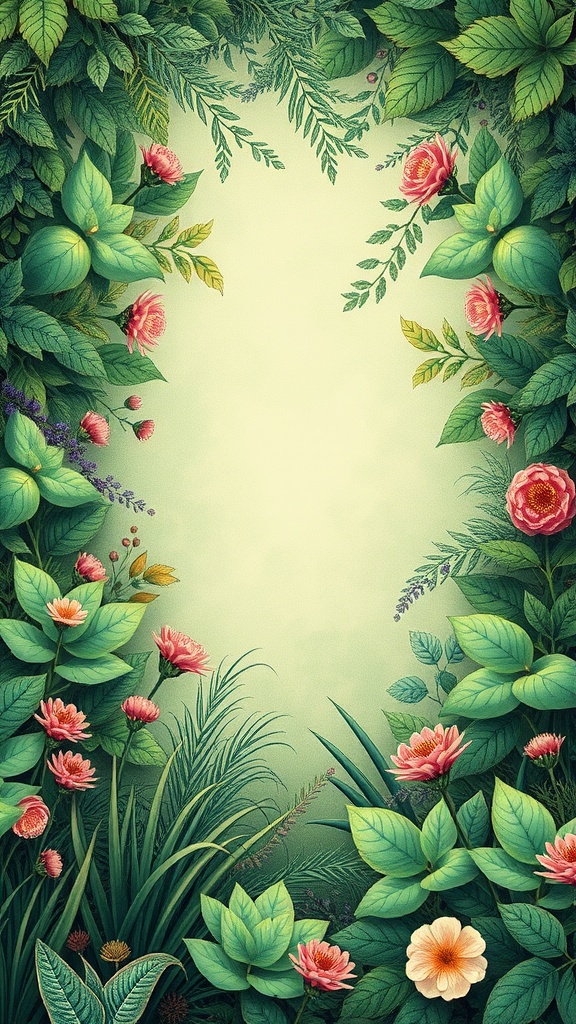 A lush botanical illustration with various green leaves and colorful flowers framing an empty space.