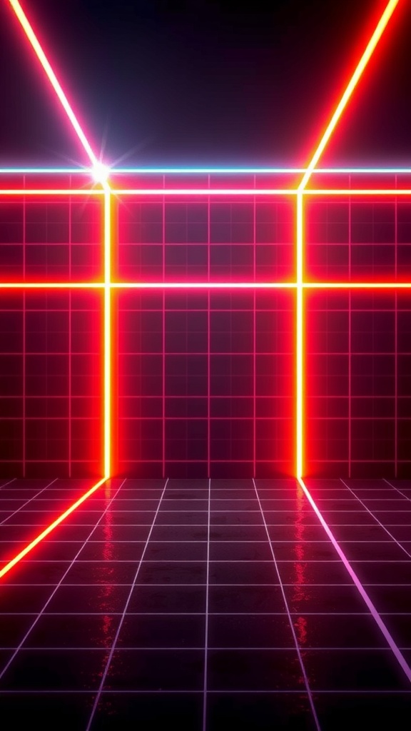 A neon grid pattern with bright lines on a dark background