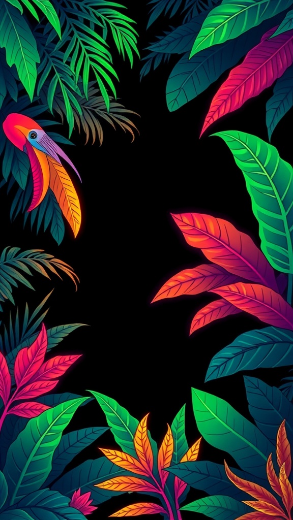 Neon jungle wallpaper featuring colorful leaves and a toucan