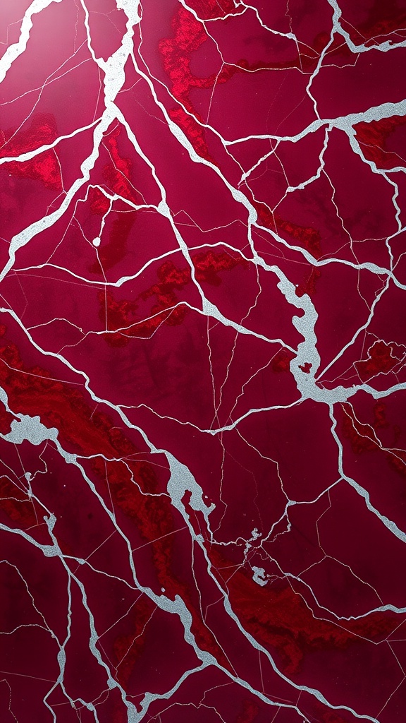 Burgundy marble wallpaper with platinum highlights