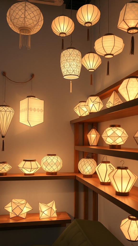A variety of origami lanterns glowing softly in a warm setting.