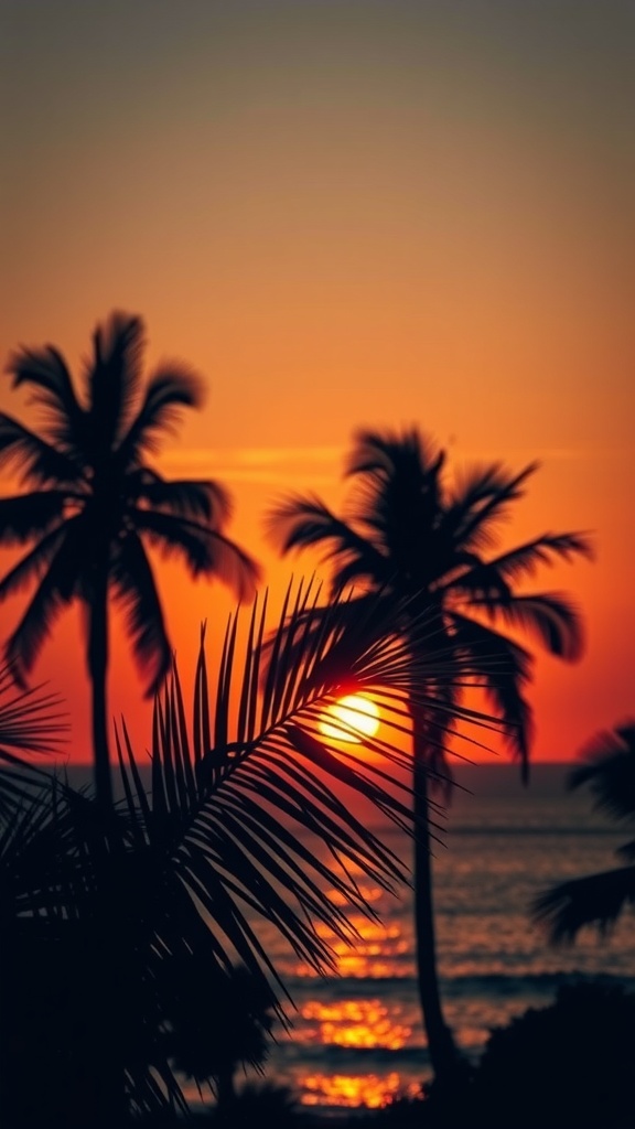 Silhouette of palm leaves against a vibrant sunset over the ocean.