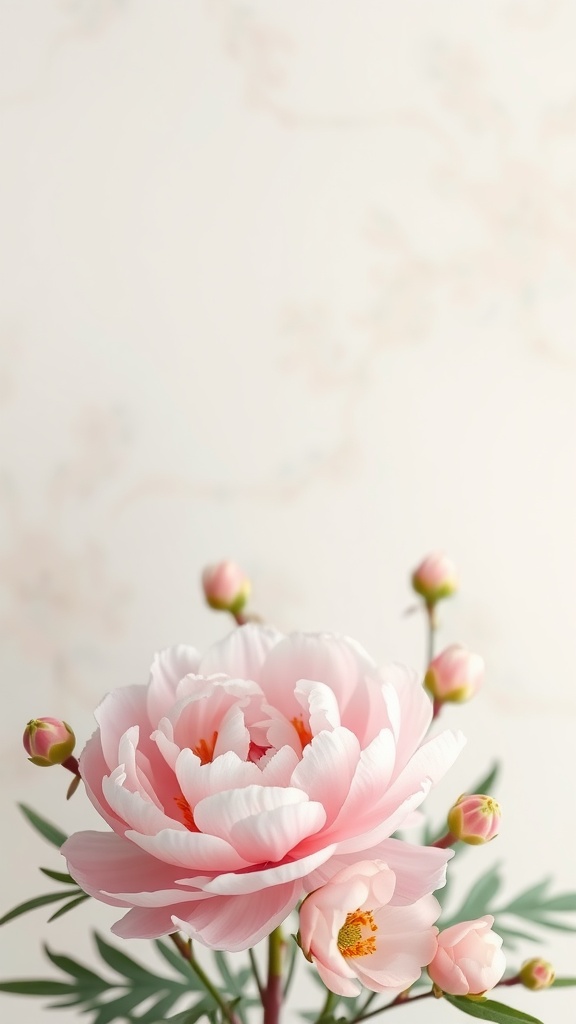 A close-up of pastel peonies with soft pink petals against a gentle background.
