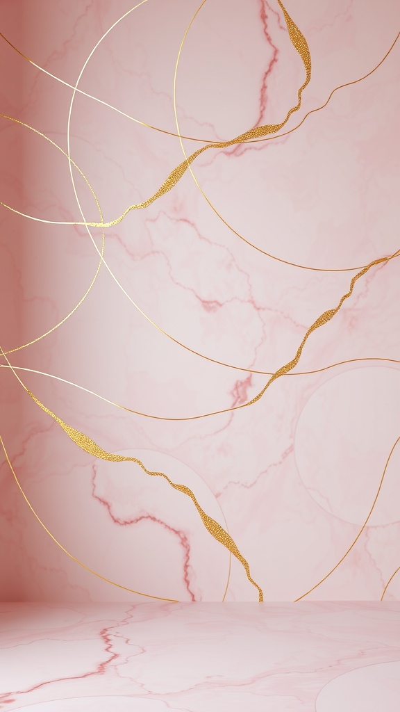 Pastel pink marble wallpaper with shimmering gold lines