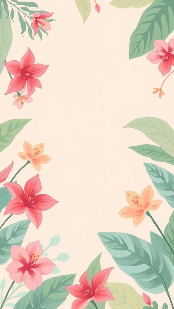A pastel tropical floral wallpaper featuring pink and yellow flowers with green leaves on a light background.
