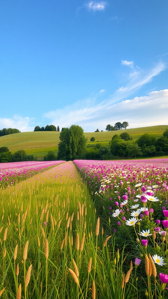 A beautiful pastoral scene with colorful flowers in fields under a blue sky.