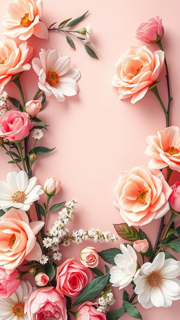 A floral arrangement featuring peach and pink roses, daisies, and greenery on a soft pink background.