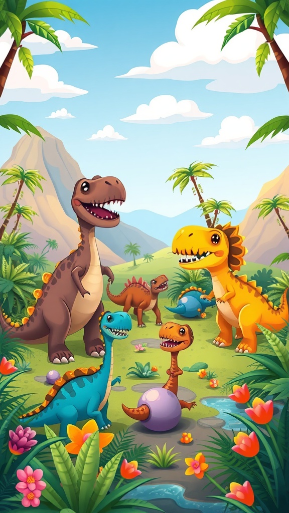 A colorful cartoon scene with cheerful dinosaurs in a lush landscape.