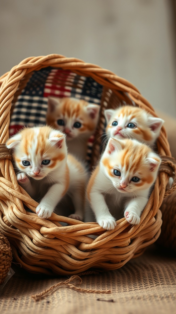 A basket filled with playful kittens, showcasing their cute faces and fluffy fur.