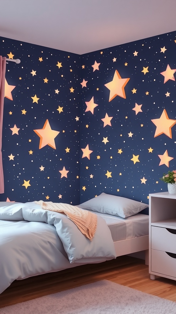 Cozy bedroom with pastel star wallpaper and soft bedding