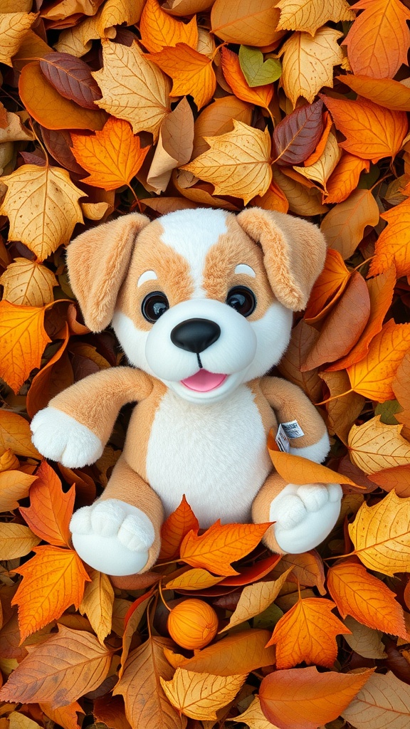 A playful plush puppy surrounded by orange and yellow autumn leaves.