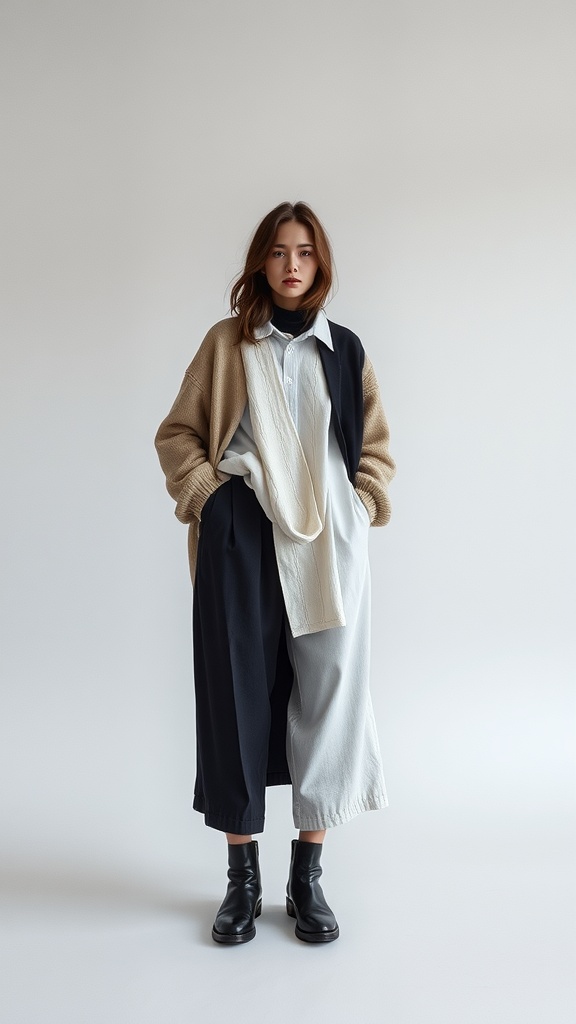 A model showcasing a layered outfit with varying lengths in a minimalist setting.