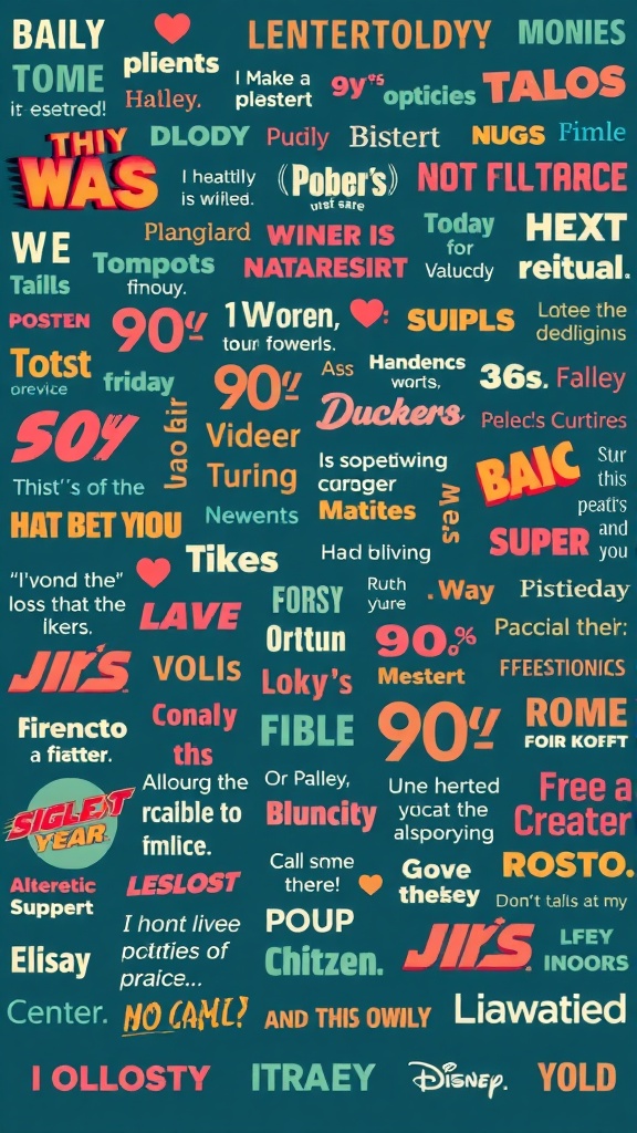 Colorful 90s aesthetic wallpaper featuring various pop culture references in bold text.