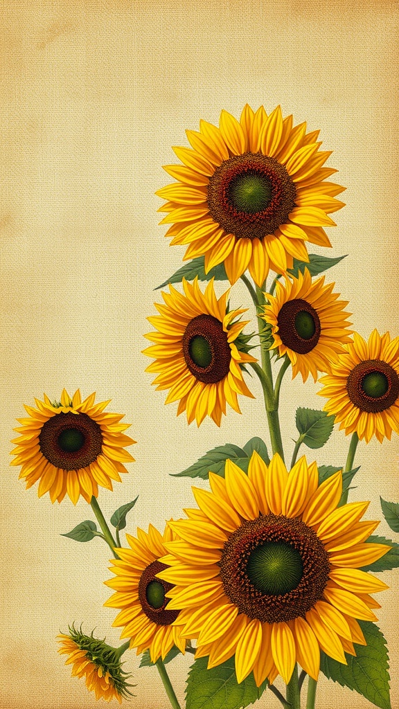 Vibrant sunflowers on a textured natural canvas background.