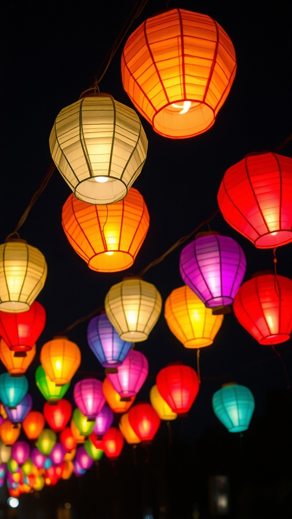 Colorful tissue paper lanterns glowing at night