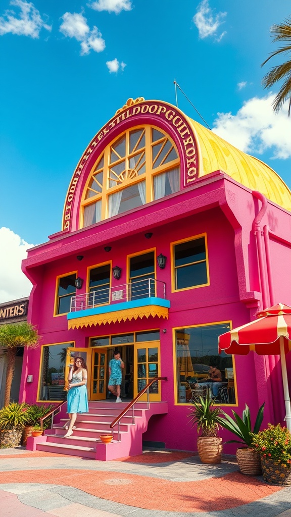 A colorful building featuring retro pop art elements, surrounded by palm trees and bright skies.