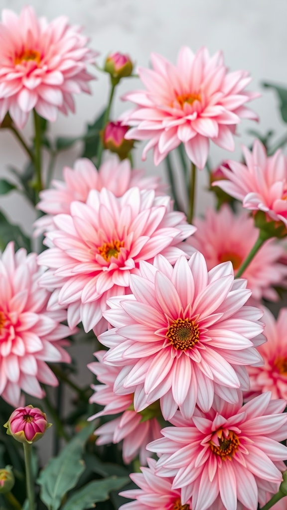 Close-up of pink dahlias in full bloom.