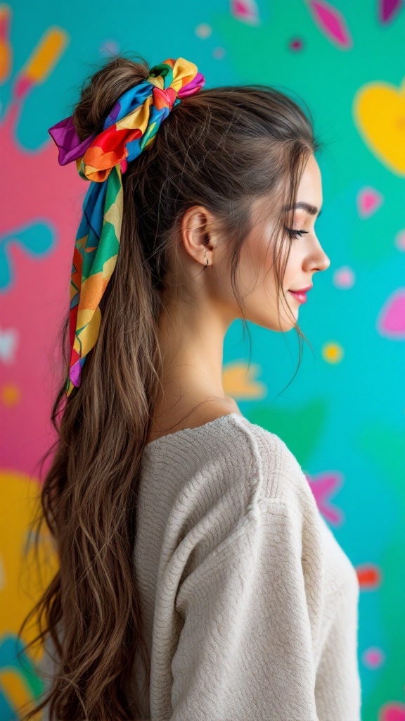 A woman with long hair styled in a bun, adorned with a colorful scarf tied around it.