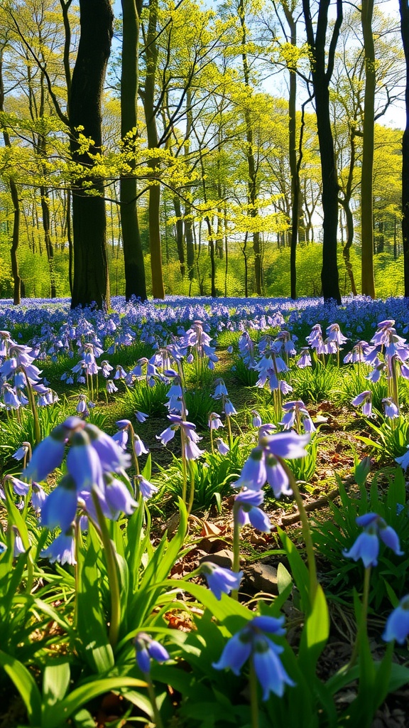 A serene forest scene filled with blooming bluebells under green trees.