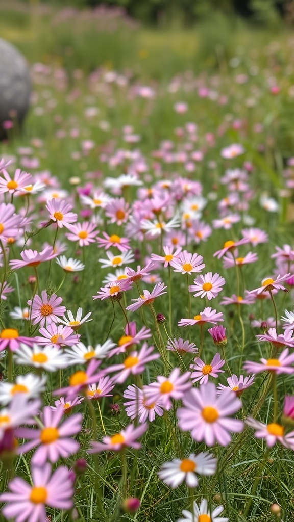Field of cosmos flowers in pink and white colors.