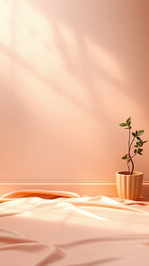 A smooth silk-like rose gold wallpaper with soft lighting and a small potted plant.