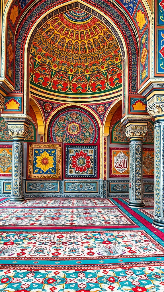 Vibrant silk screen print of Islamic art with intricate designs and patterns.