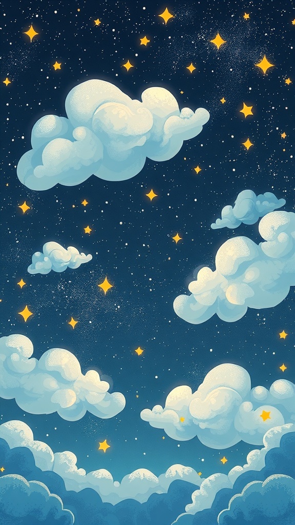 A digital illustration of fluffy clouds and twinkling stars in a night sky.