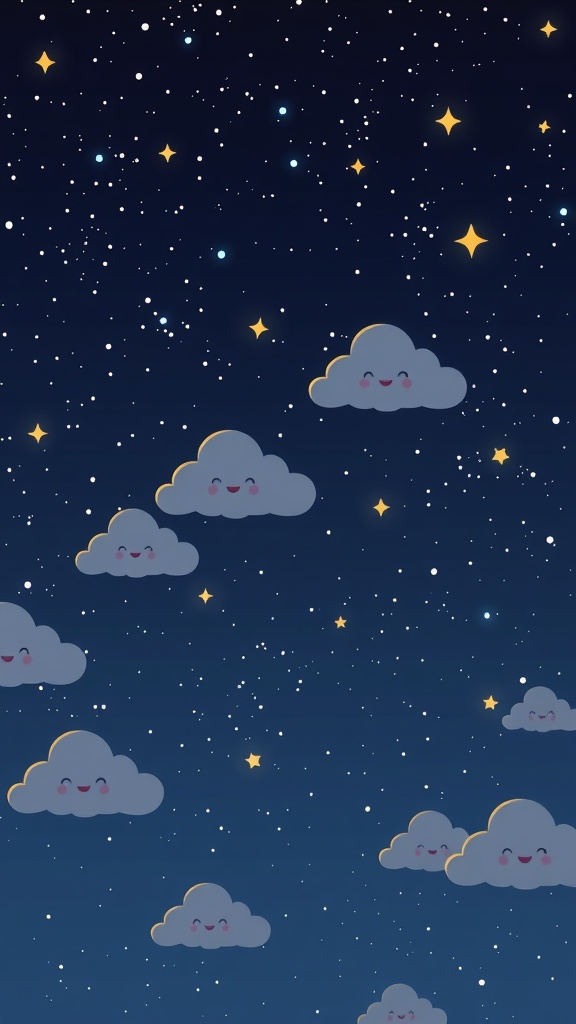 A night sky filled with cheerful clouds and stars.