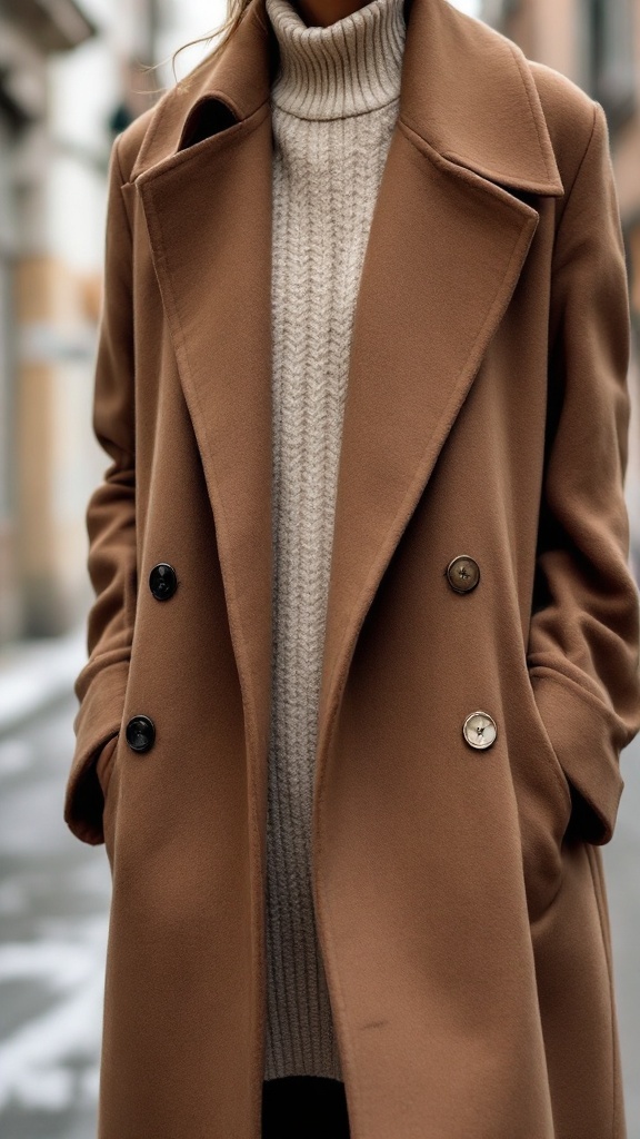 A close-up of a woman wearing a beige wool coat over a light sweater dress.