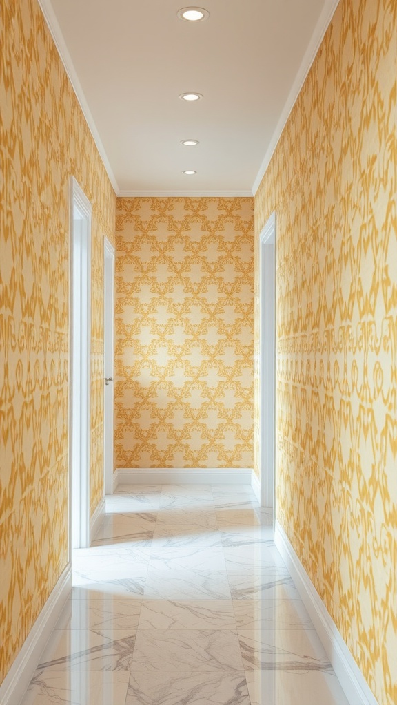 A hallway featuring neutral gold and beige trellis patterned wallpaper.