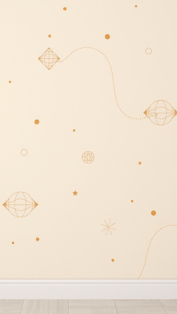 Neutral beige wallpaper with subtle gold dot accents and geometric designs.