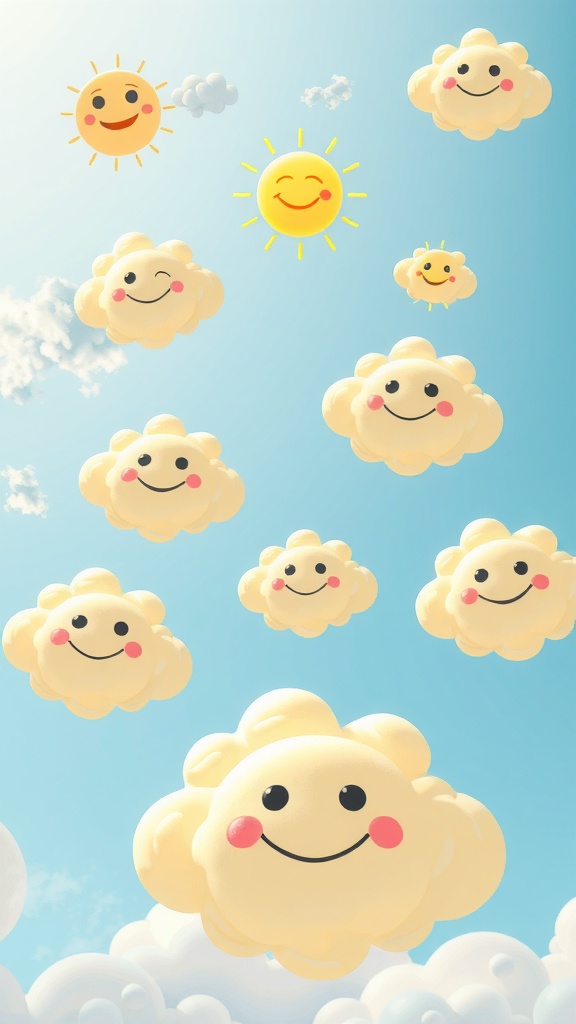 Cheerful clouds and smiling suns in a bright blue sky