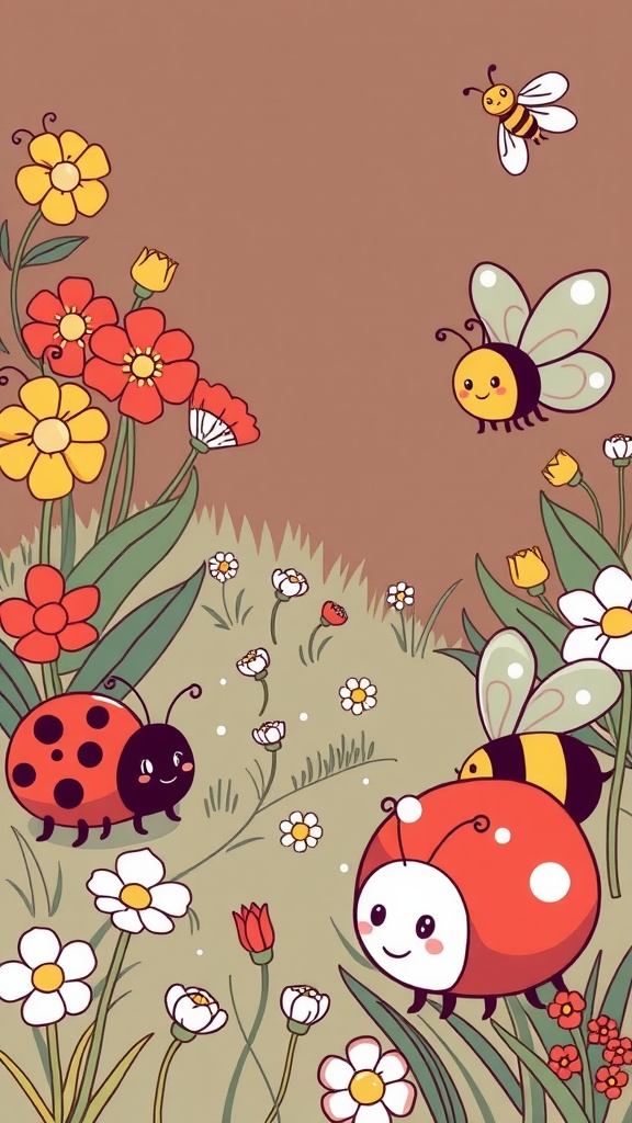Colorful doodle of insects like ladybugs and bees among vibrant flowers