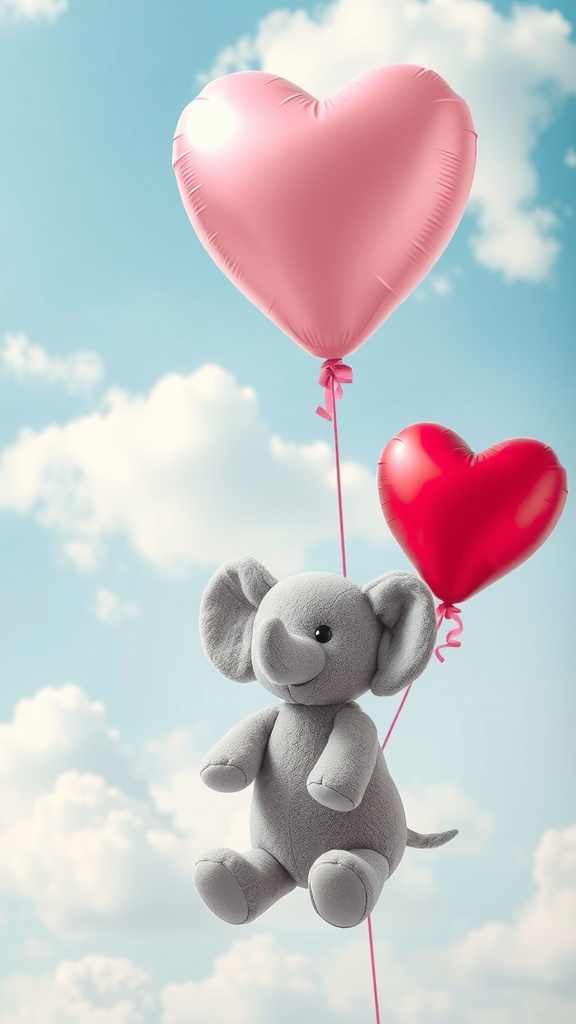 A cute gray plush elephant holding two heart-shaped balloons in a blue sky with clouds.