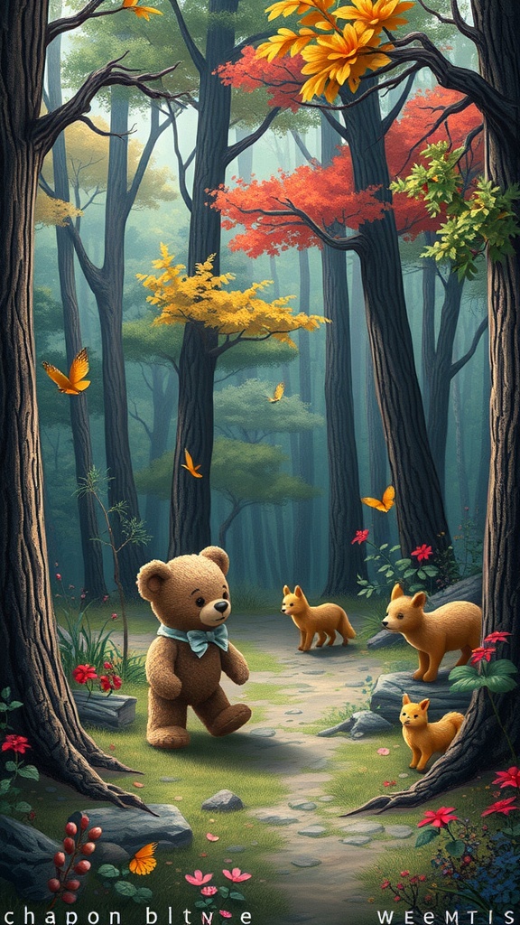 A teddy bear walking in a colorful forest with foxes and butterflies.