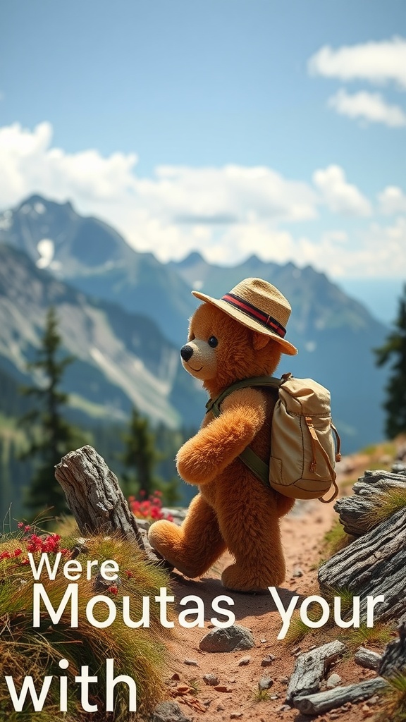 A teddy bear wearing a straw hat and backpack stands on a mountain trail surrounded by nature.