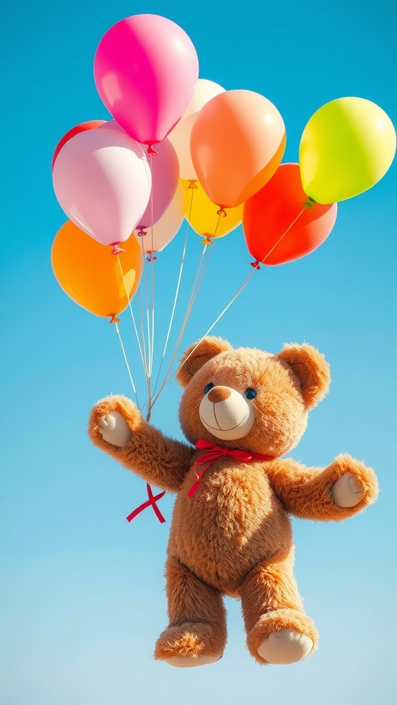A fluffy teddy bear holding colorful balloons against a blue sky.