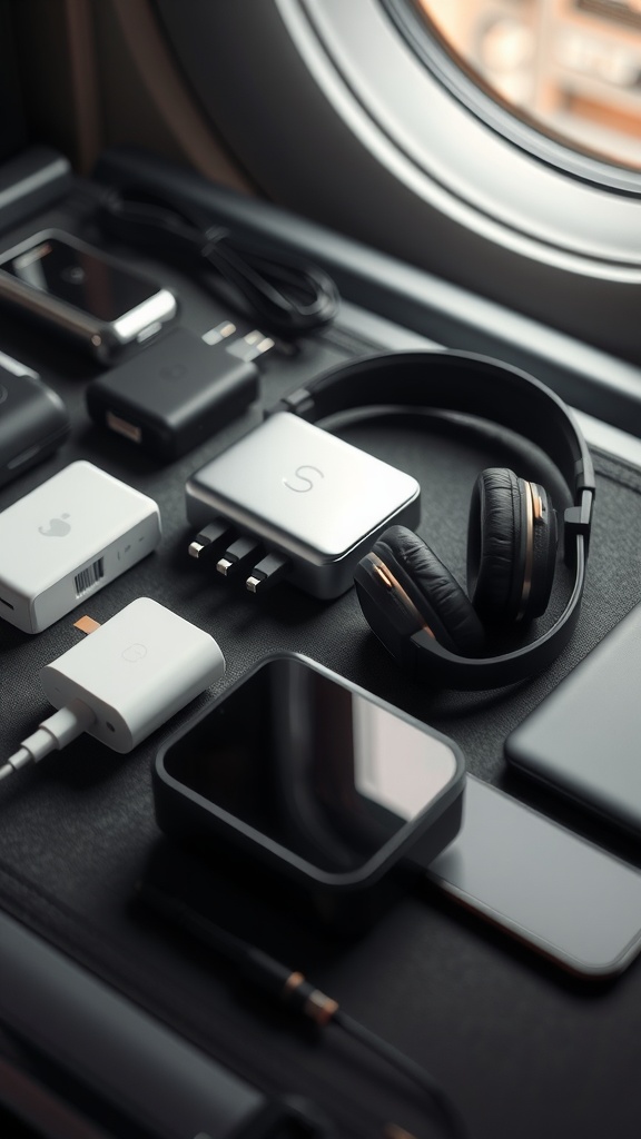 Various travel-friendly electronics including chargers, headphones, and smartphones.