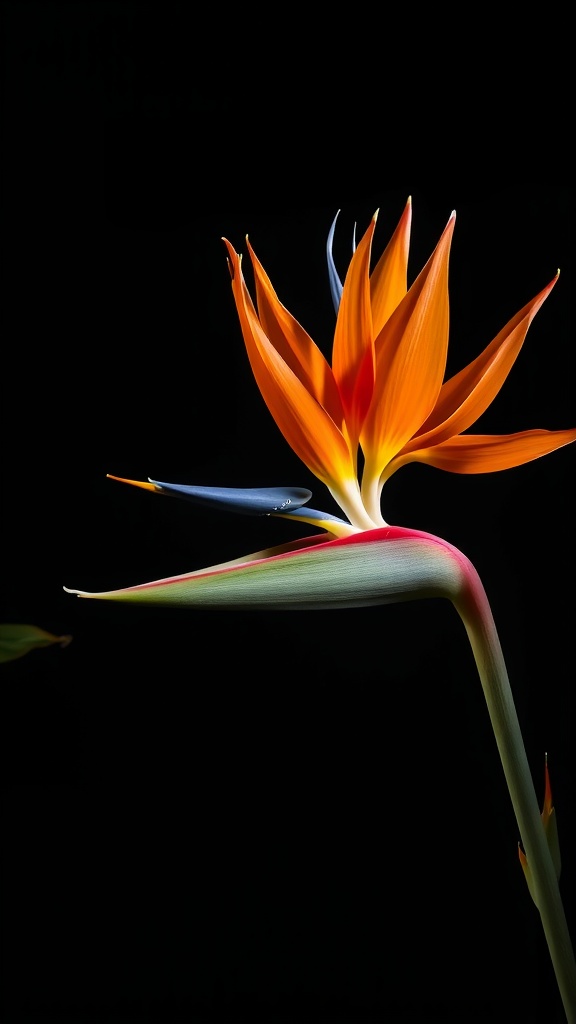 Bright orange Bird of Paradise flower against a black background.