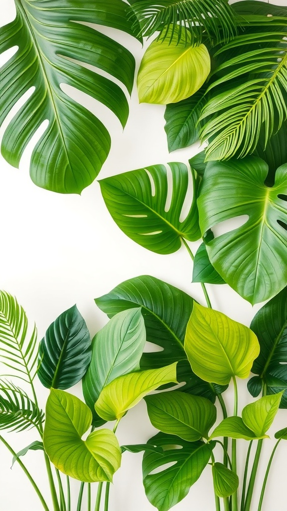 Variety of tropical leaves in different shades of green