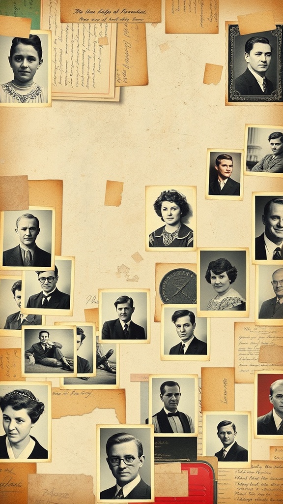 A collage of vintage photographs arranged on a textured background, featuring black and white portraits and aged paper.