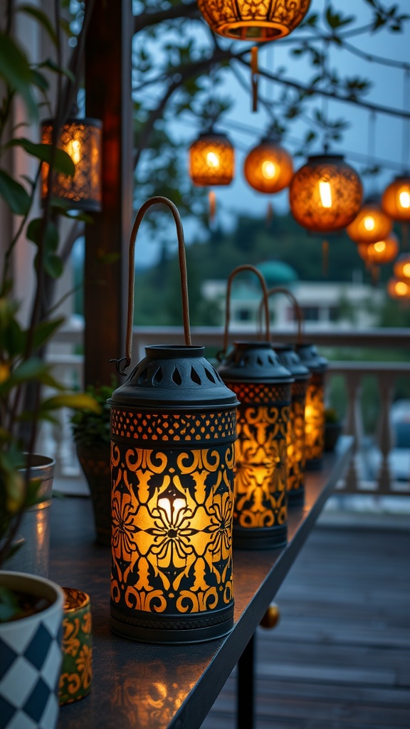 Decorative upcycled tin can lanterns glowing on a table.