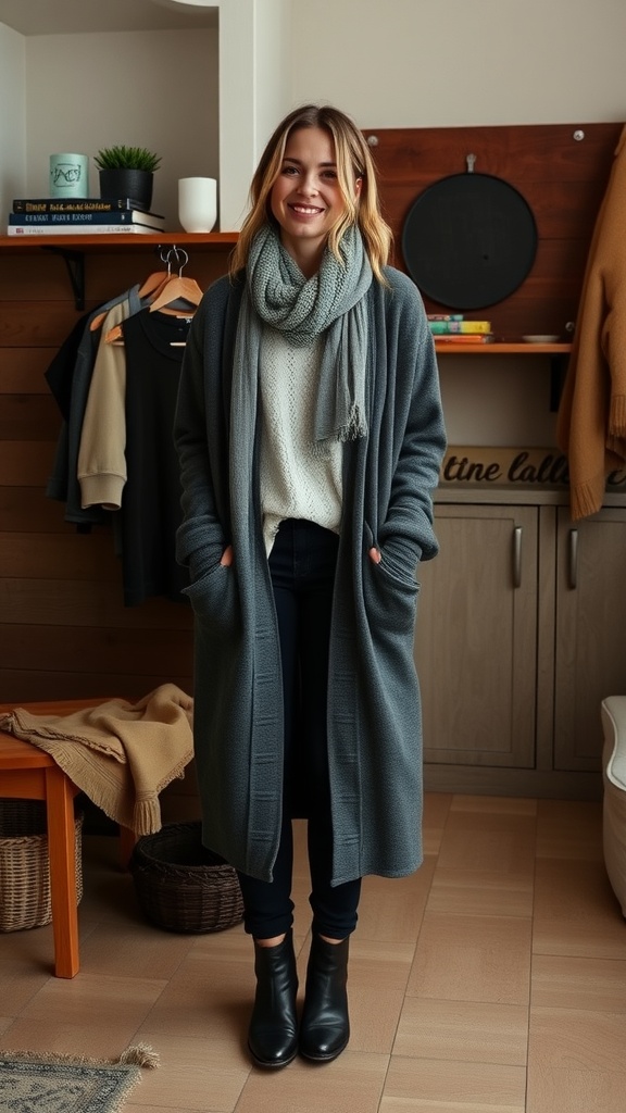 A woman wearing a gray cardigan and scarf, smiling in a cozy room with neatly arranged clothes.